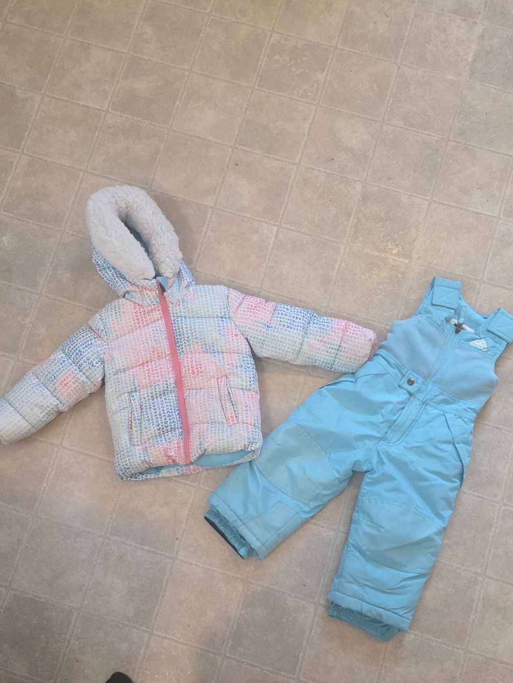 Snozu Pastel Multicolor Puffer Jacket with Light Blue Snow Bib Overalls